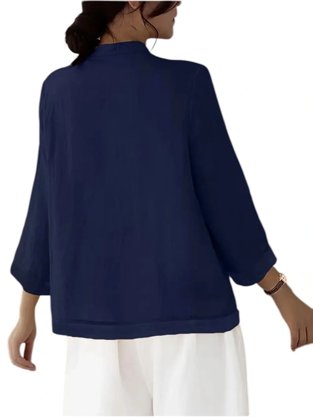 Navy Mandarin Collar Button-Front Women’s Blouse - Picture 2 of 4